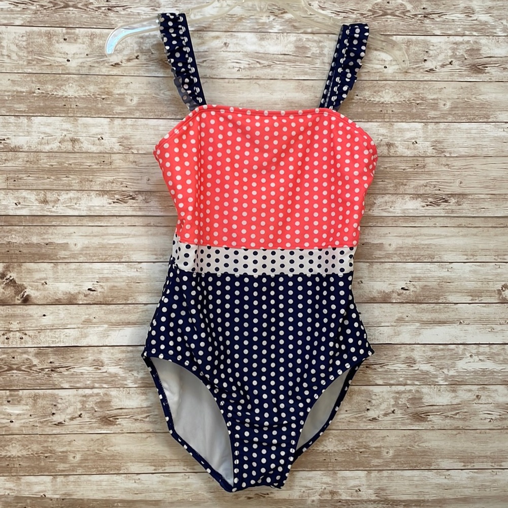 Girls, Cat & Jack polkadot swimsuit, blue, white, and coral pink, 14/16